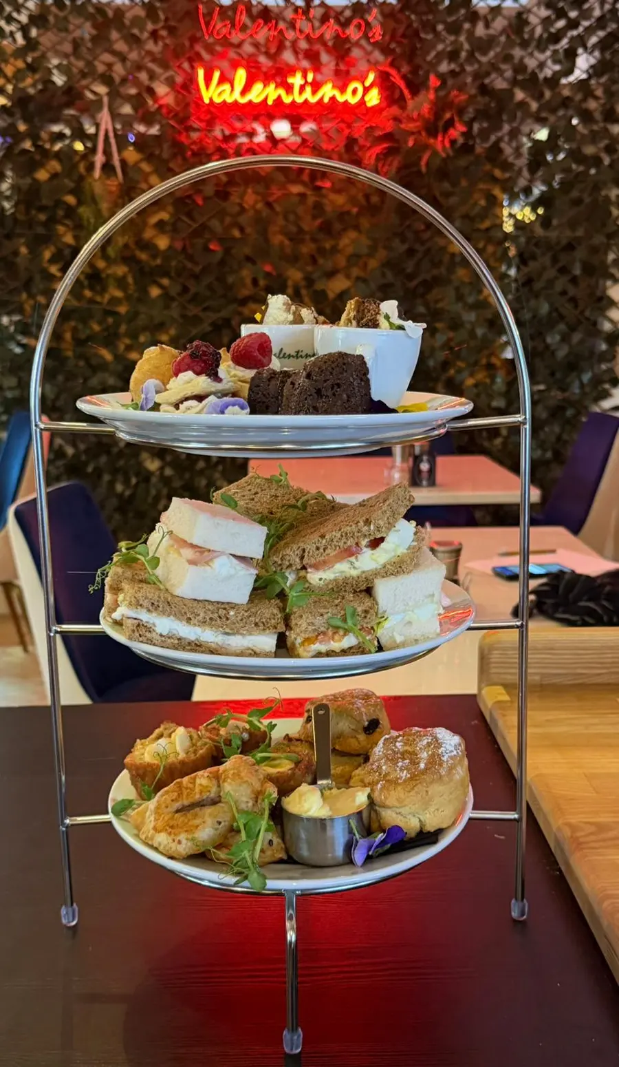 Valentino's vegetarian Italian afternoon tea on a tiered stand