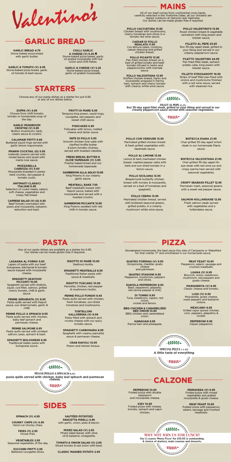 Main Menu Valentinos Italian Restaurant in Wakefield